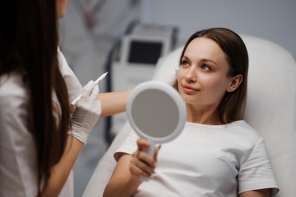 Female patient holding mirror during consultation with facial plastic surgeon to discuss revision rhinoplasty options