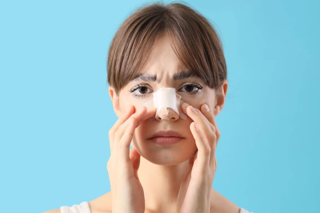 Woman with nasal bandage illustrating recovery and potential complications after reconstructive plastic surgery